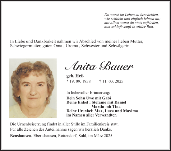 Traueranzeige von Anita Bauer von Südthüringer Presse