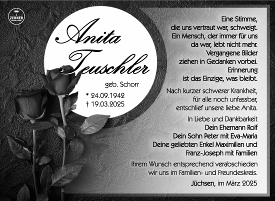 Traueranzeige von Anita Teuschler von Südthüringer Presse