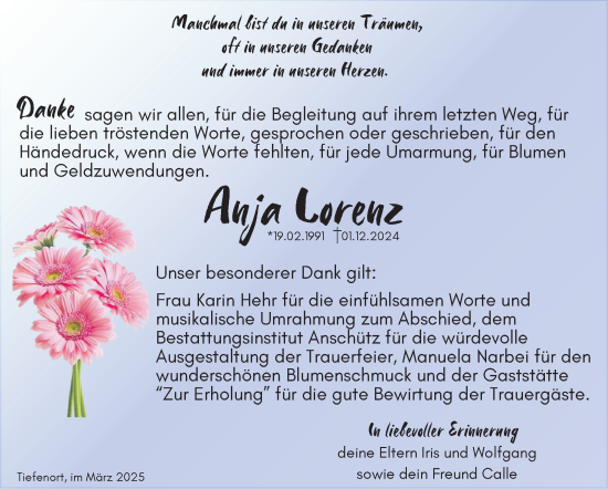 Traueranzeige von Anja Lorenz von Südthüringer Presse