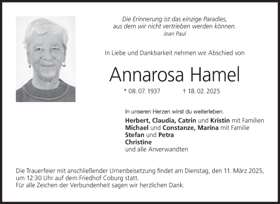 Traueranzeige von Annarosa Hamel von Neue Presse Coburg