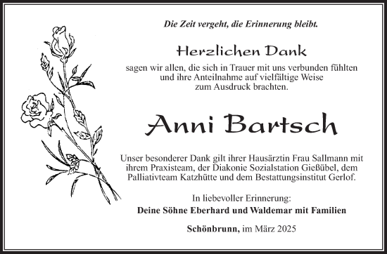Traueranzeige von Anni Bartsch von Südthüringer Presse