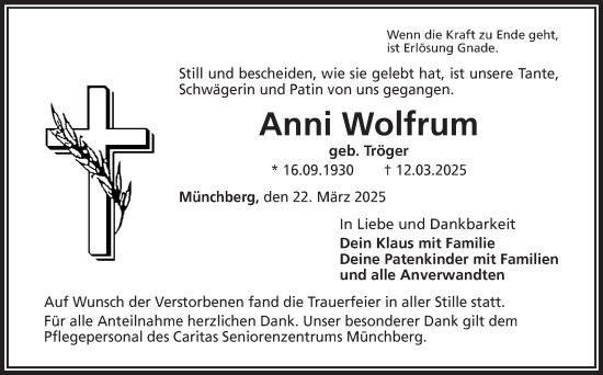 Traueranzeige von Anni Wolfrum von Frankenpost
