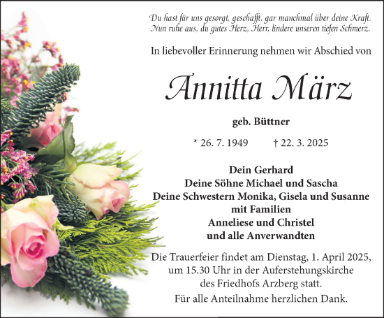 Traueranzeige von Annitta März von Frankenpost