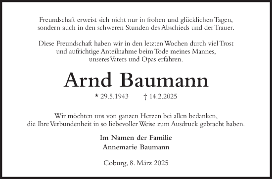 Traueranzeige von Arnd Baumann von Neue Presse Coburg