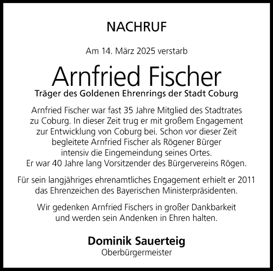 Traueranzeige von Arnfried Fischer von Neue Presse Coburg