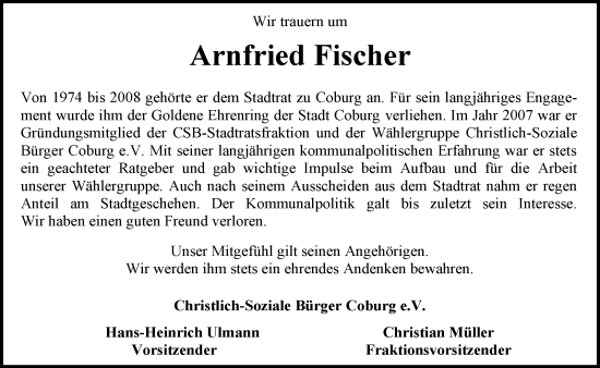 Traueranzeige von Arnfried Fischer von Neue Presse Coburg