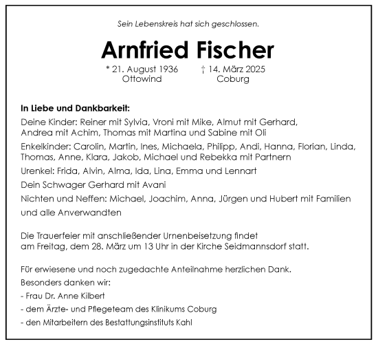 Traueranzeige von Arnfried Fischer von Neue Presse Coburg