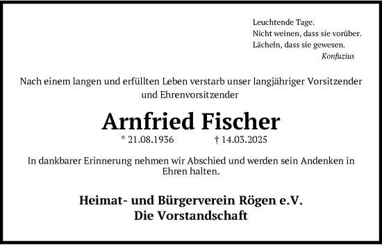 Traueranzeige von Arnfried Fischer von Neue Presse Coburg