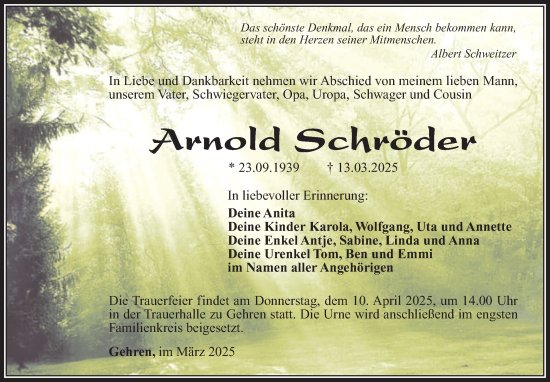 Traueranzeige von Arnold Schröder von Südthüringer Presse