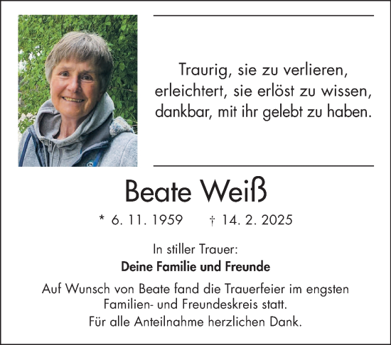 Traueranzeige von Beate Weiß von Frankenpost