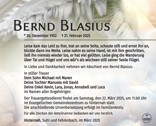 Traueranzeige von Bernd Blasius von Südthüringer Presse