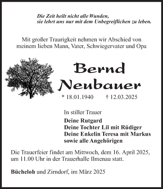 Traueranzeige von Bernd Neubauer von Südthüringer Presse
