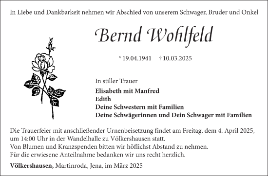 Traueranzeige von Bernd Wohlfeld von Südthüringer Presse