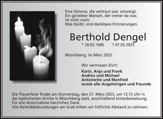Traueranzeige von Berthold Dengel von Frankenpost