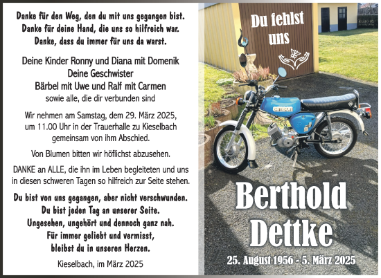 Traueranzeige von Berthold Dettke von Südthüringer Presse