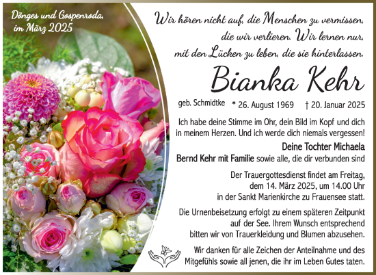 Traueranzeige von Bianka Kehr von Südthüringer Presse