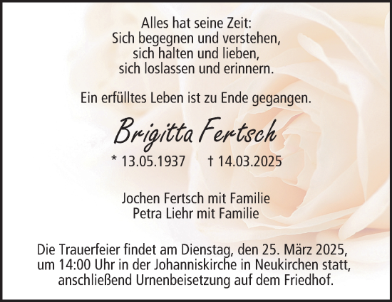 Traueranzeige von Brigitta Fertsch von Neue Presse Coburg