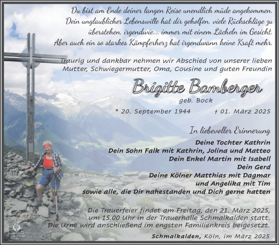 Traueranzeige von Brigitte Bamberger von Südthüringer Presse