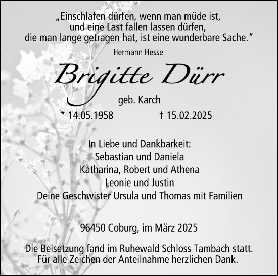 Traueranzeige von Brigitte Dürr von Neue Presse Coburg