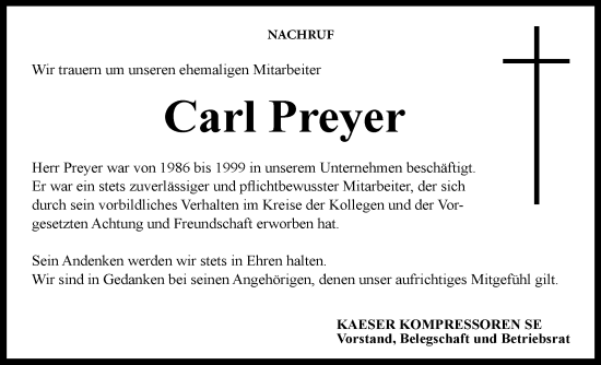 Traueranzeige von Carl Preyer von Neue Presse Coburg
