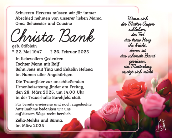 Traueranzeige von Christa Bank von Südthüringer Presse