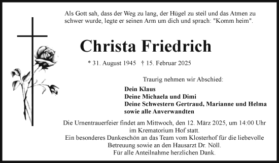 Traueranzeige von Christa Friedrich von Frankenpost