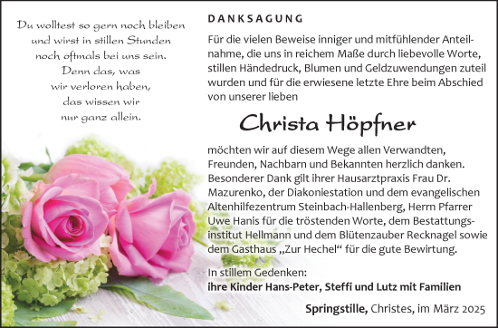 Traueranzeige von Christa Höpfner von Südthüringer Presse