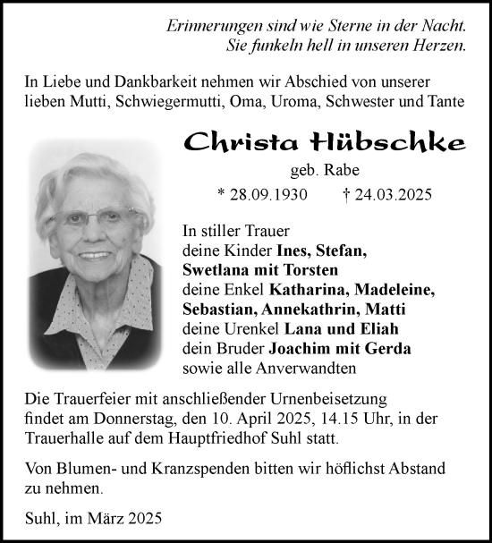 Traueranzeige von Christa Hübschke von Südthüringer Presse