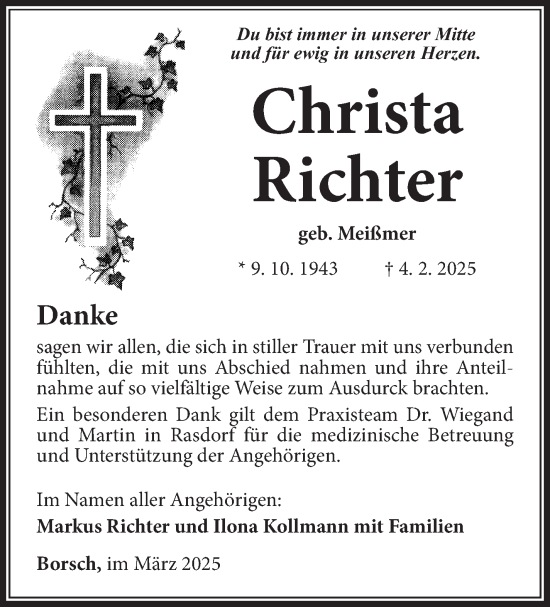 Traueranzeige von Christa Richter von Südthüringer Presse