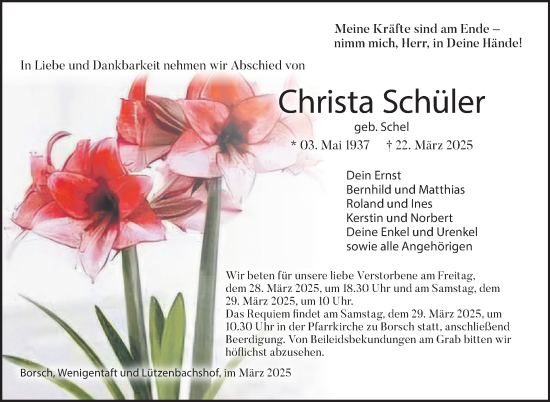 Traueranzeige von Christa Schüler von Südthüringer Presse