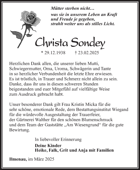 Traueranzeige von Christa Sondey von Südthüringer Presse