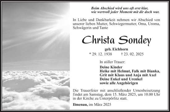 Traueranzeige von Christa Sondey von Südthüringer Presse