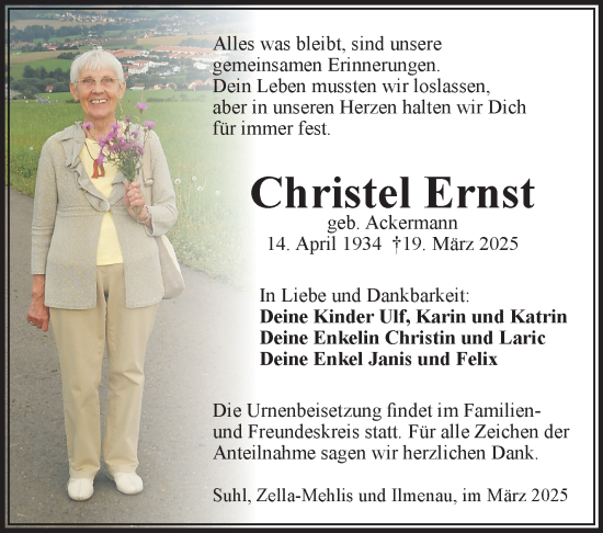 Traueranzeige von Christel Ernst von Südthüringer Presse