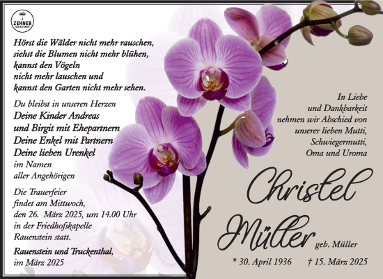 Traueranzeige von Christel Müller von Südthüringer Presse