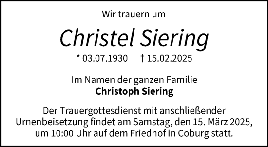 Traueranzeige von Christel Siering von Neue Presse Coburg