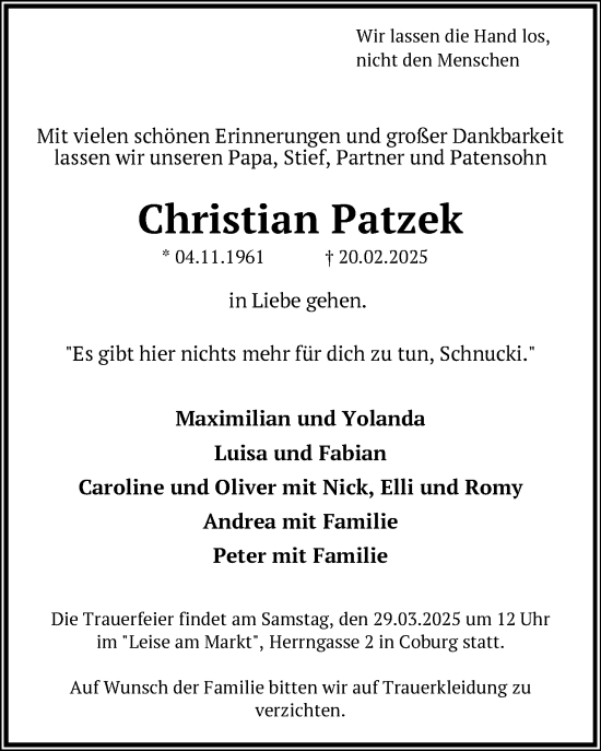 Traueranzeige von Christian Patzek von Neue Presse Coburg
