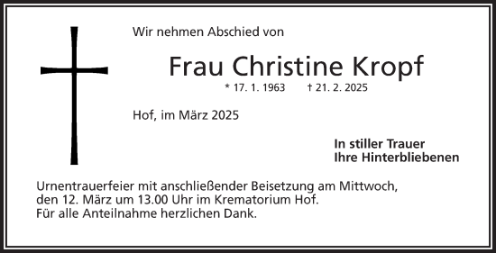 Traueranzeige von Christine Kropf von Frankenpost