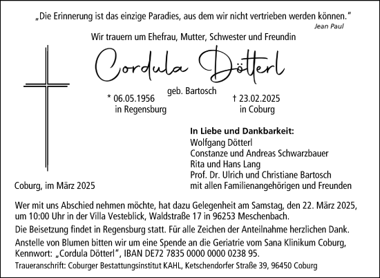 Traueranzeige von Cordula Dötterl von Neue Presse Coburg