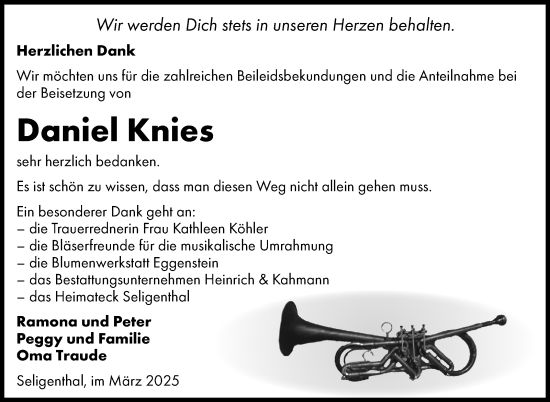Traueranzeige von Daniel Knies von Südthüringer Presse