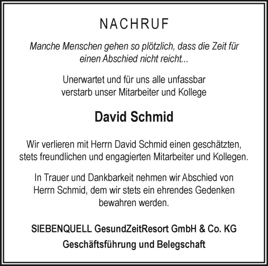 Traueranzeige von David Schmid von Frankenpost