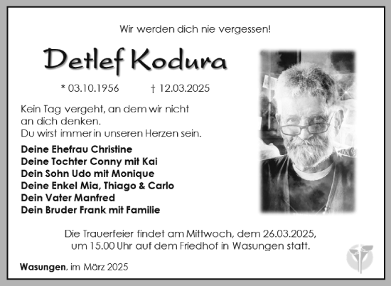 Traueranzeige von Detlef Kodura von Südthüringer Presse