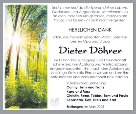 Traueranzeige von Dieter Döhrer von Südthüringer Presse