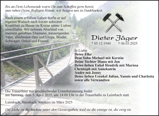 Traueranzeige von Dieter Jäger von Südthüringer Presse