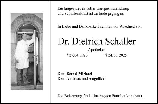 Traueranzeige von Dietrich Schaller von Neue Presse Coburg