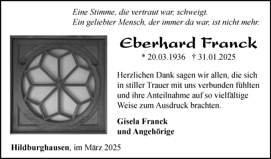 Traueranzeige von Eberhard Franck von Südthüringer Presse
