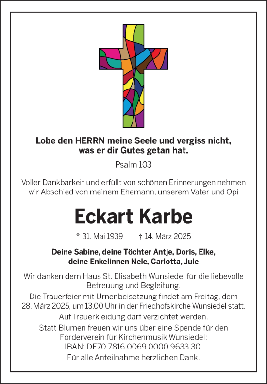 Traueranzeige von Eckart Karbe von Frankenpost