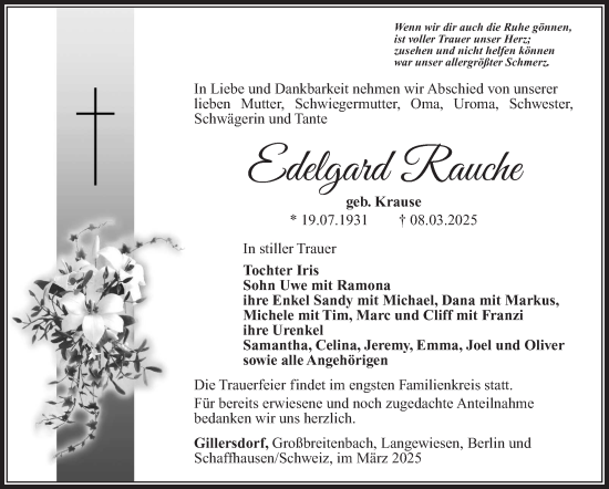Traueranzeige von Edelgard Rauche von Südthüringer Presse