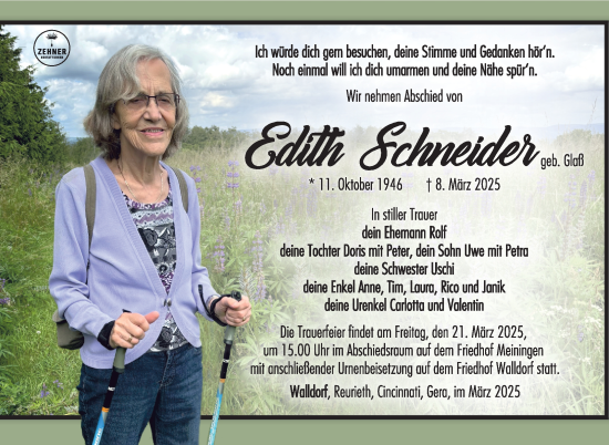 Traueranzeige von Edith Schneider von Südthüringer Presse