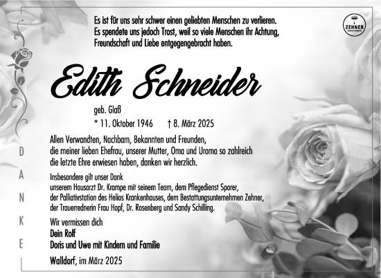 Traueranzeige von Edith Schneider von Südthüringer Presse