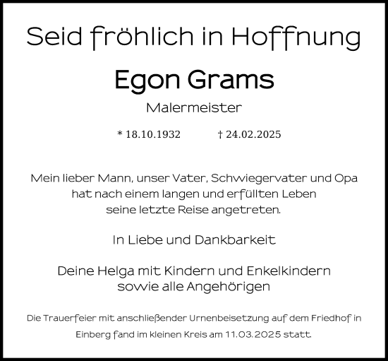 Traueranzeige von Egon Grams von Neue Presse Coburg